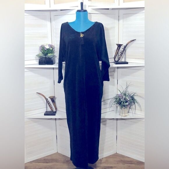 Sacks Fifth Ave vintage 70s 80s oversized blue velour long sleeves midi dress S - Picture 7 of 11
